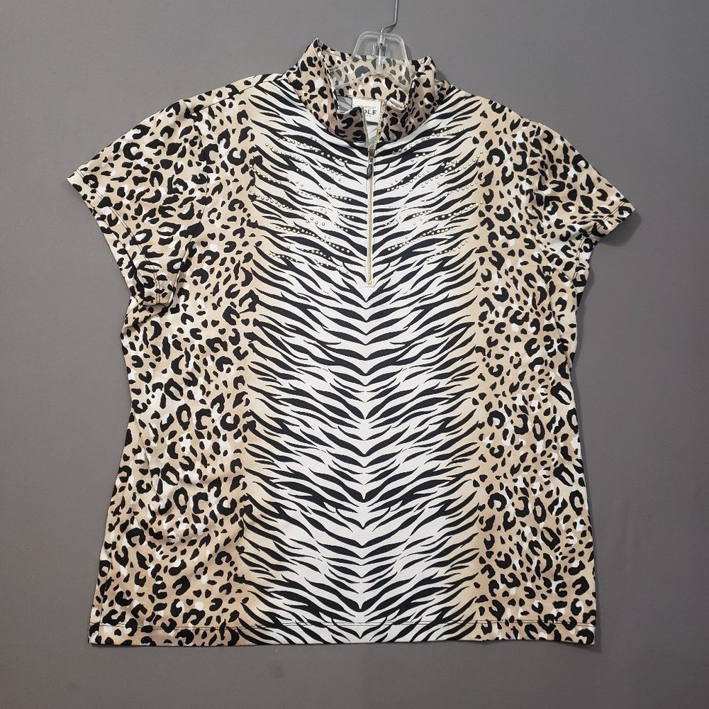 Animal Print Mock Neck Short Sleeve Top - Beige/Black